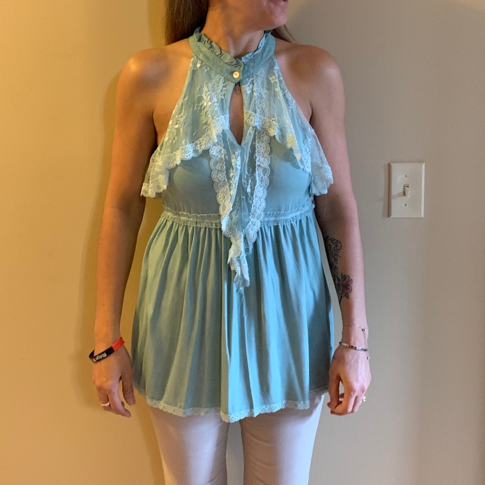 POL Front Button Closure Ruffle Detail Halter - Picture 1 of 7